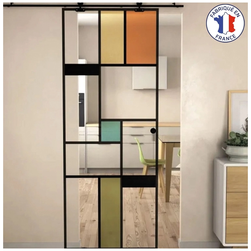 Kit porte coulissante verre coloré 825mm MONDO avec rail coulissant
