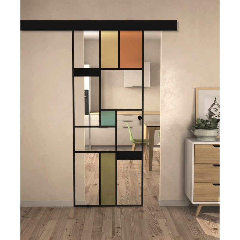 Kit porte coulissante verre coloré 725mm MONDO avec rail + coffrage