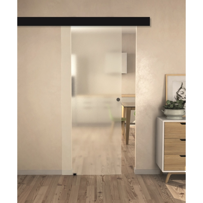 Kit porte coulissante verre givré 725mm avec rail et coffrage